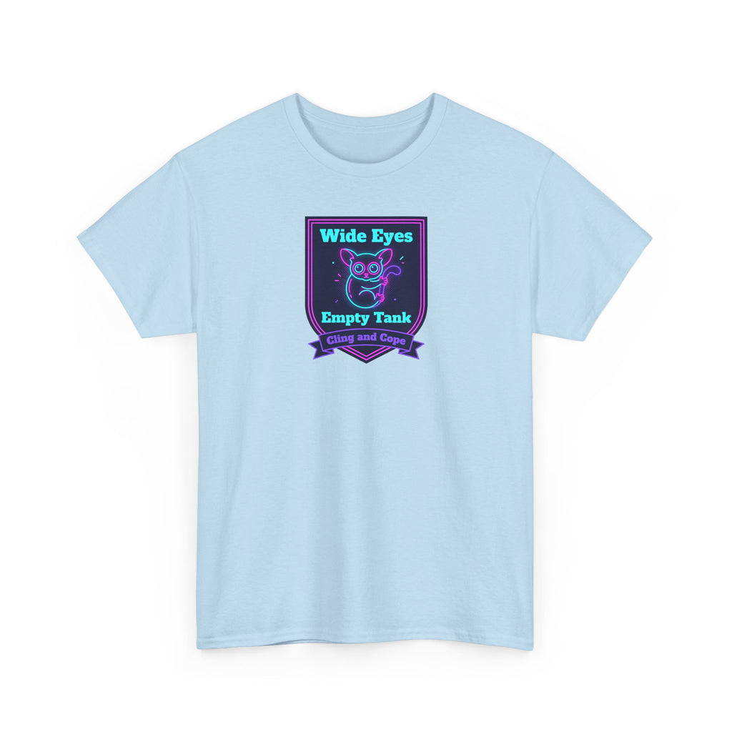 Wide Eyes Empty Tank T-shirt | Owl Illustration, Neon Purple & Teal Badge