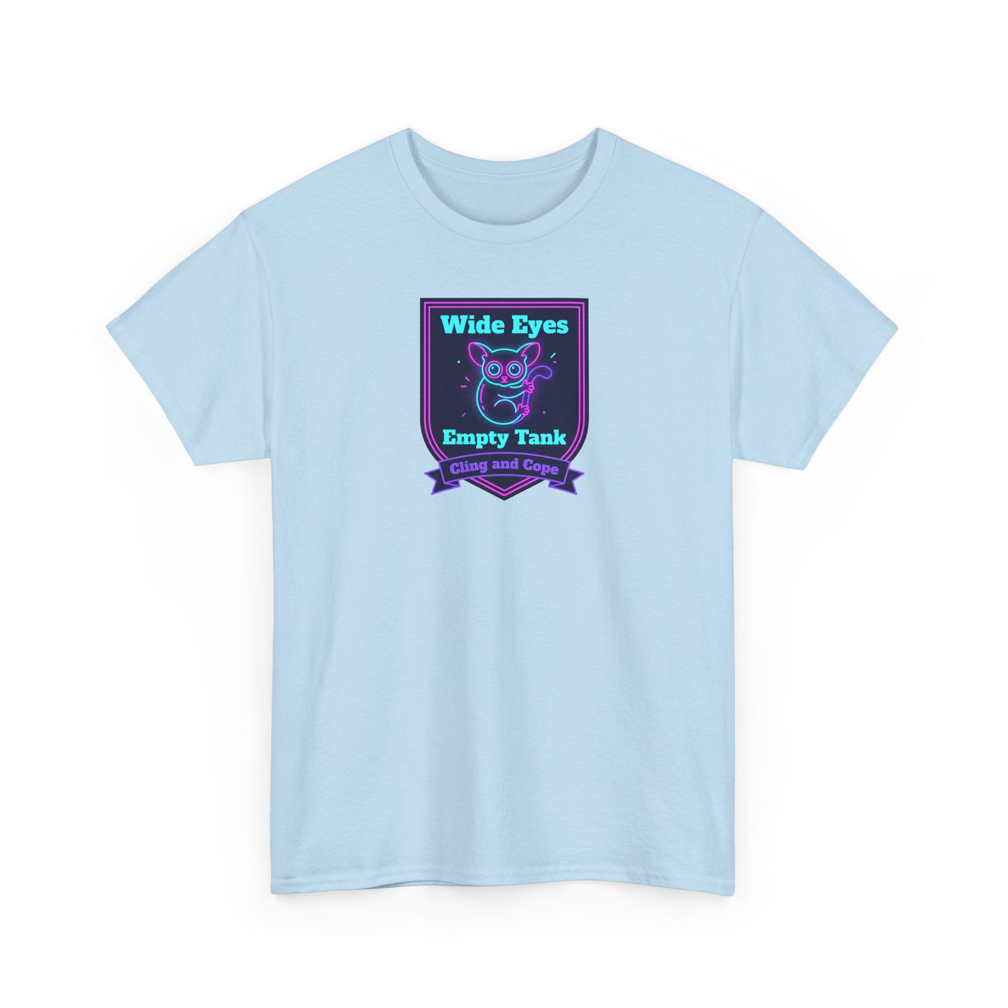 Wide Eyes Empty Tank T-shirt | Owl Illustration, Neon Purple & Teal Badge
