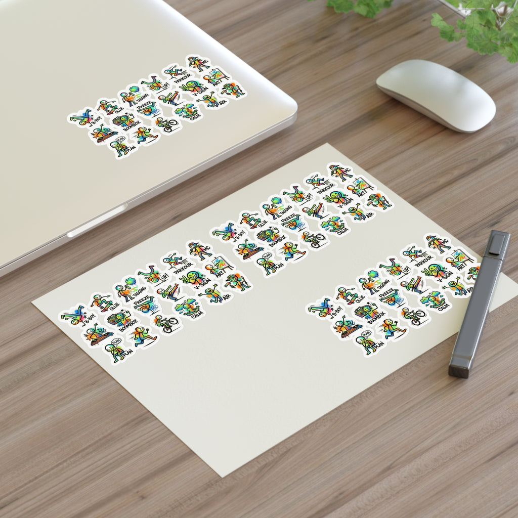 Mini activity character sticker sheet with die-cut exercise icons, colorful characters
