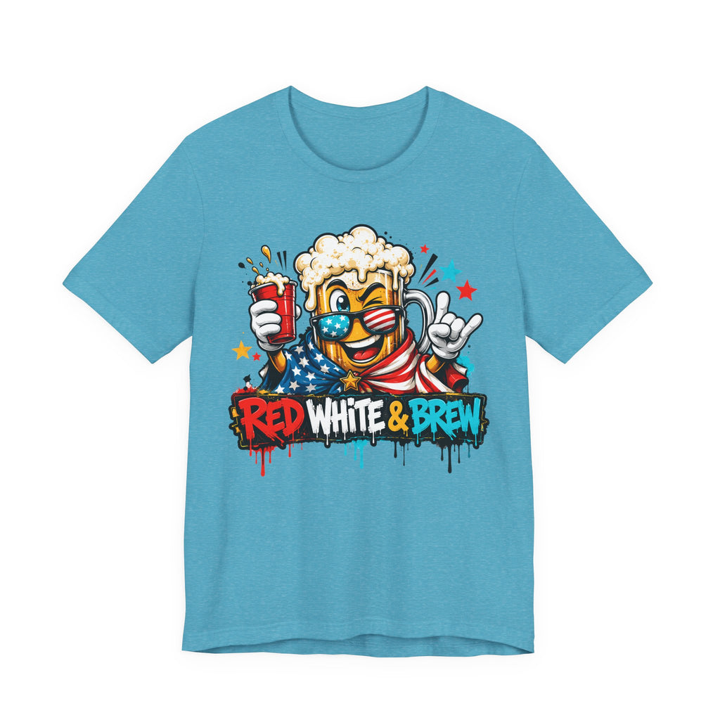 Red White & Brew 4th of July T-Shirt | Patriotic Beer Mascot American Flag Graphic Tee