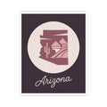 Arizona state silhouette mauve vinyl sticker showing cream circle and cursive 'Arizona' text