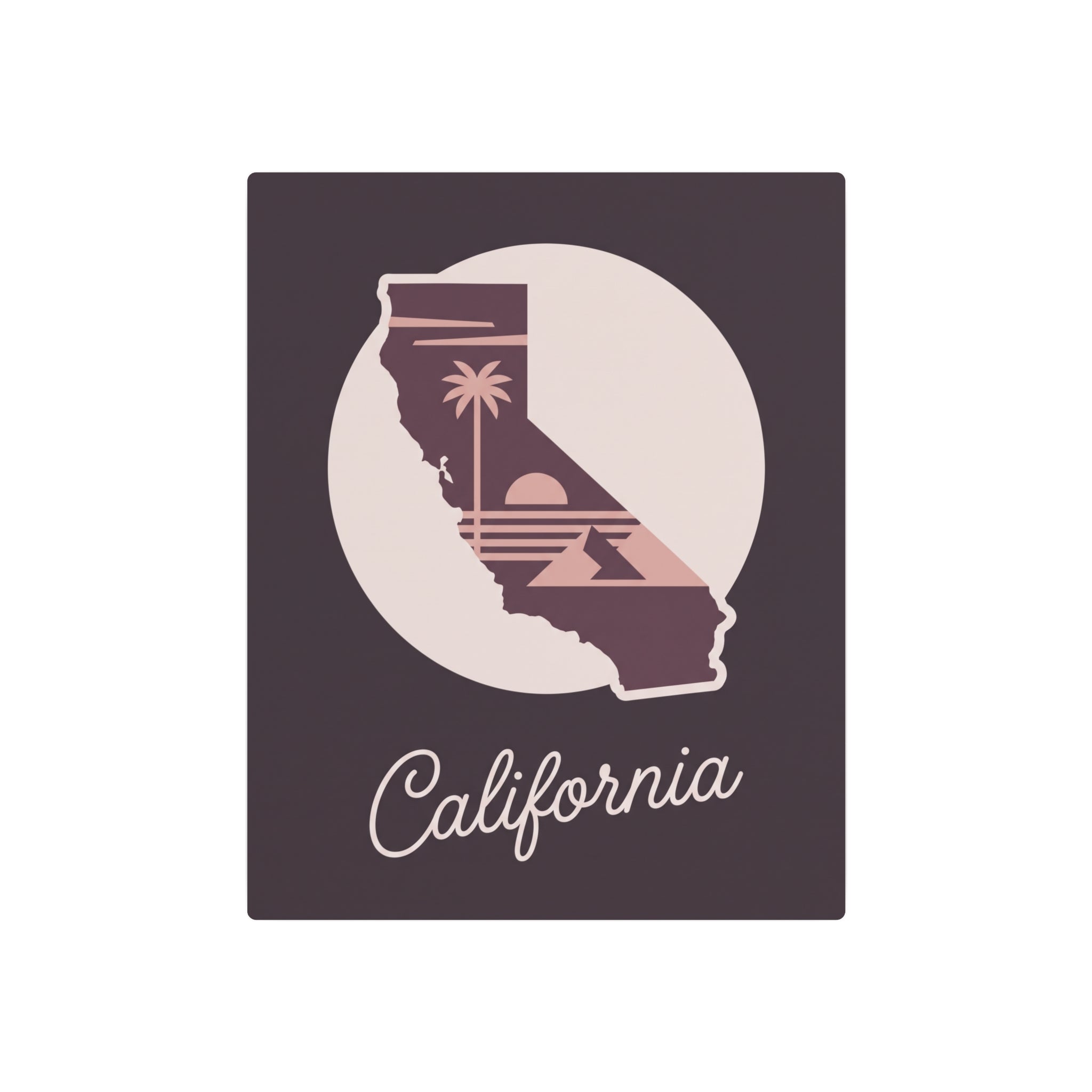 Mauve California metal wall art featuring a circular palm tree state silhouette and "California".