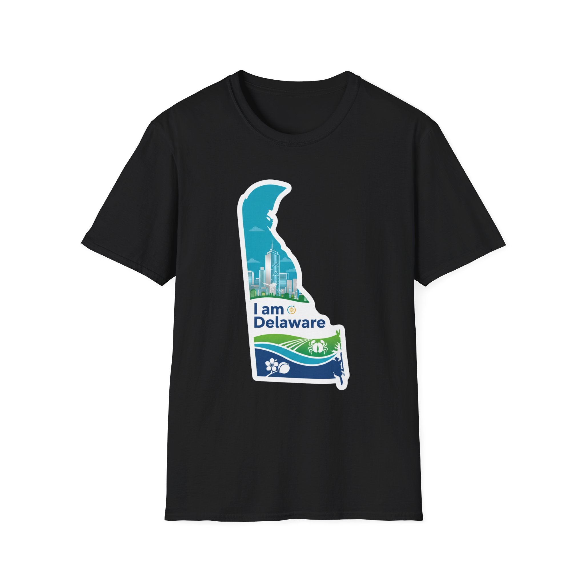 Black T-shirt with blue Delaware map silhouette and “I Am Delaware” front graphic