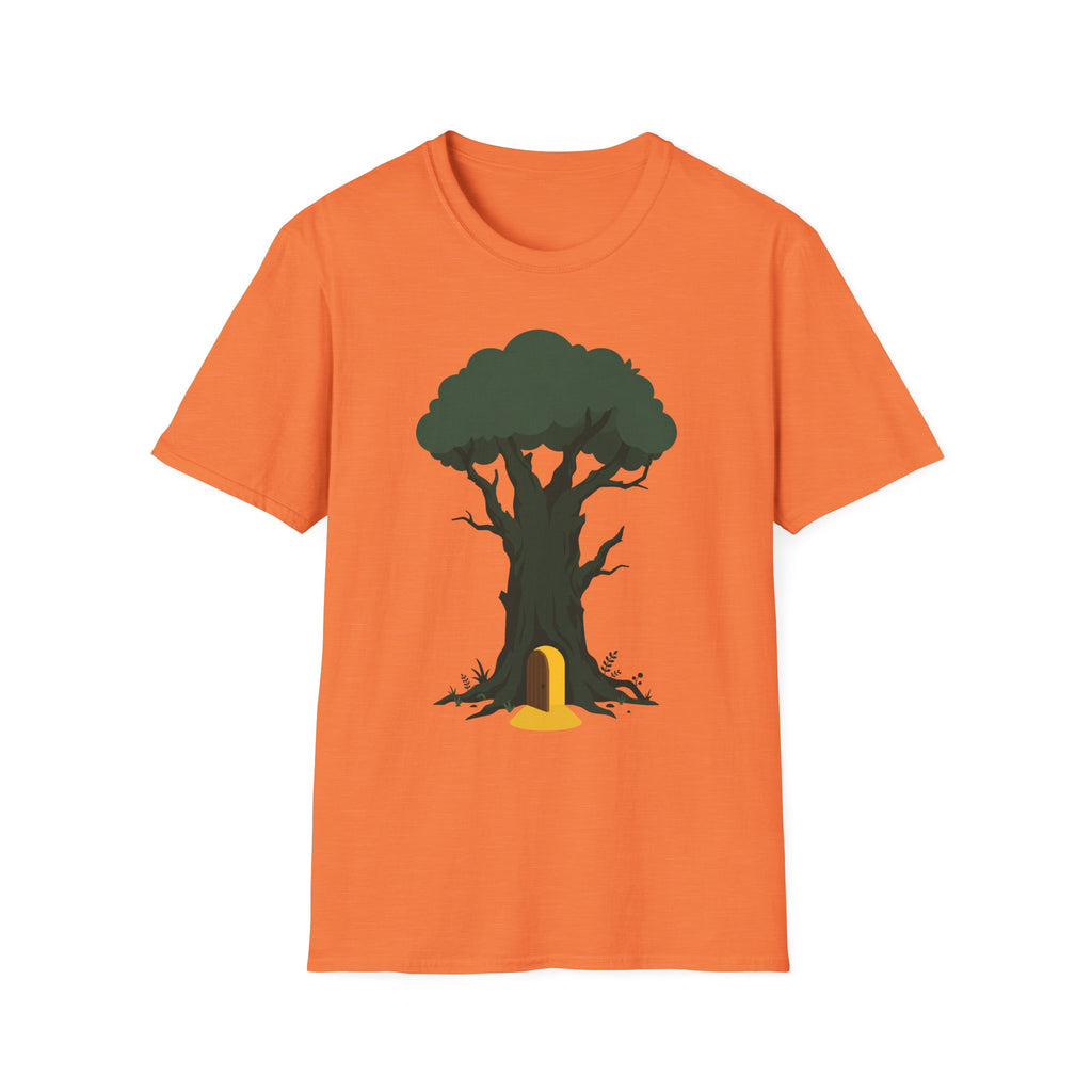 Orange T-shirt with enchanted tree and yellow door graphic