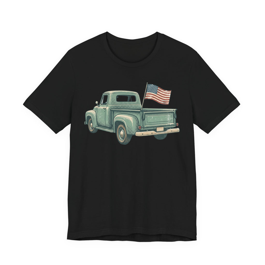 Black T-shirt with green pickup truck and American flag graphic