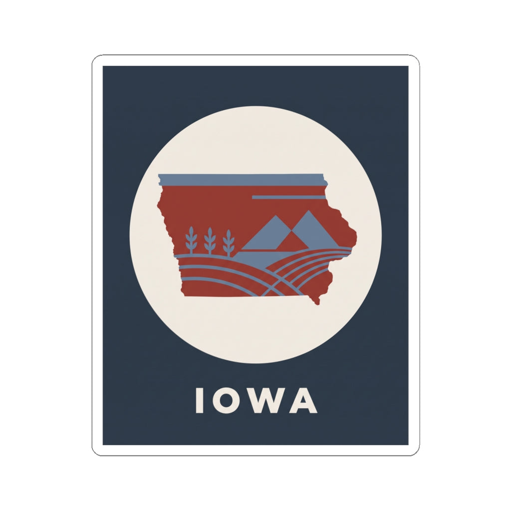 Square kiss-cut sticker showing red Iowa map with striped details, blue border circle, "IOWA"