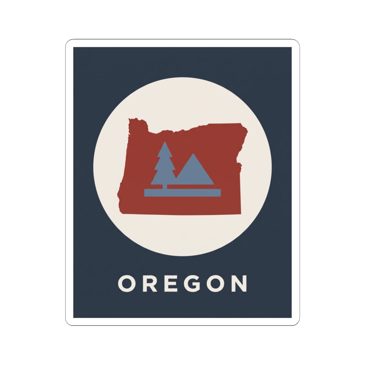 Oregon state silhouette sticker: red map with blue pine trees and mountain lines, OREGON text.