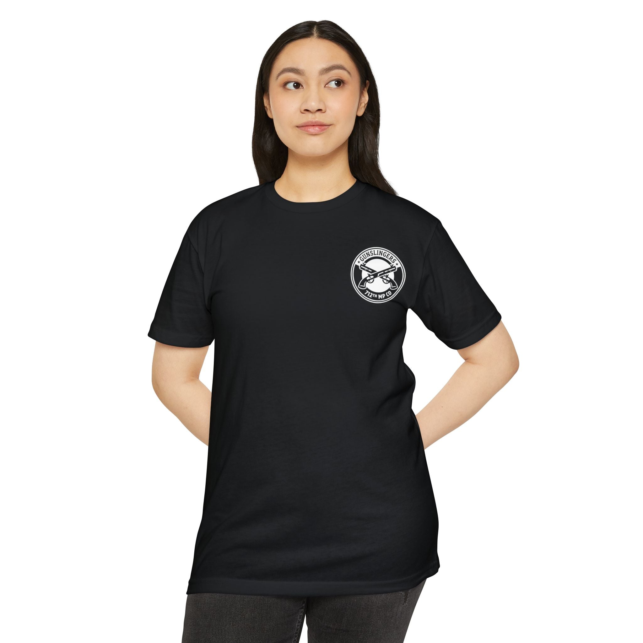 Black T-shirt with small circular logo on left chest, short sleeves