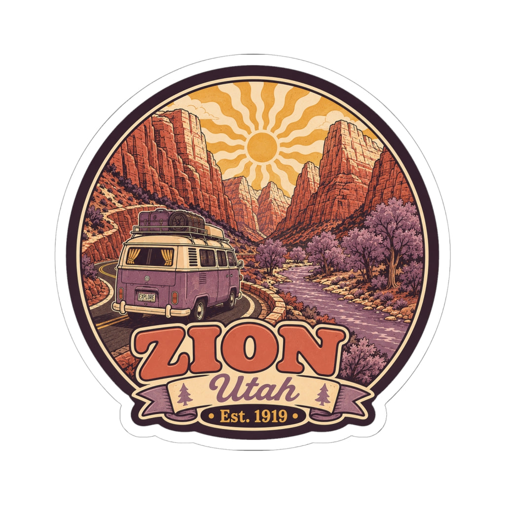 Round Zion Utah decal showing purple camper van, red cliffs, purple trees, and 'Est. 1919' stamp