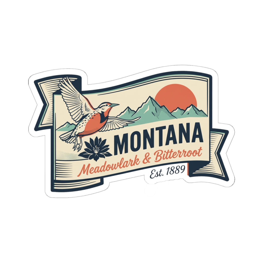 Montana state badge vinyl sticker with bird, mountains, and kiss-cut border