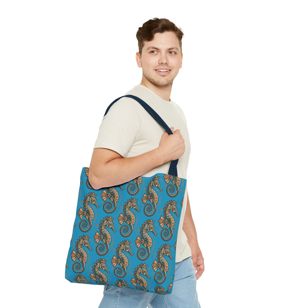 Ocean-blue tote bag featuring steampunk seahorse pattern with navy shoulder strap