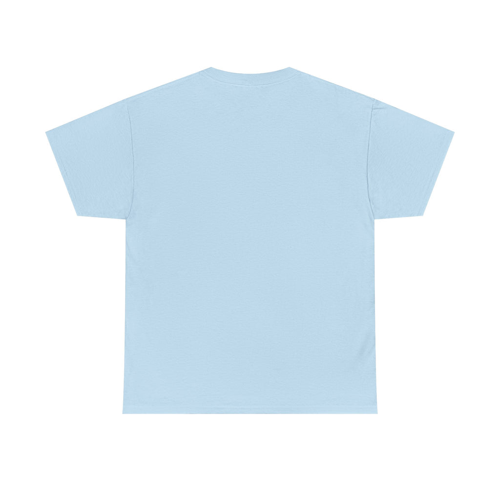Light blue crew-neck T-shirt, plain back with short sleeves