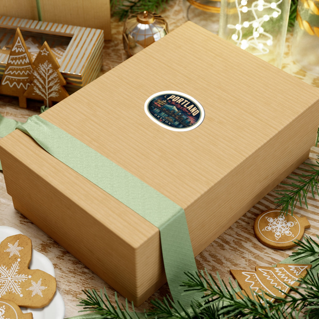 Oval luggage tag sticker on gift box, blue Portland design with decorative border