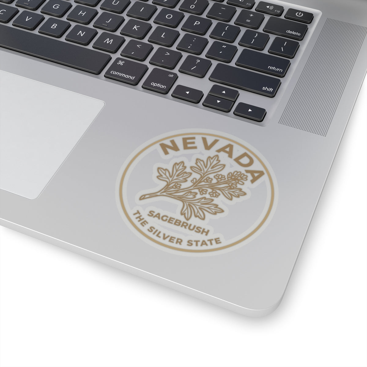 Circular Nevada sagebrush transparent vinyl sticker centered on device surface