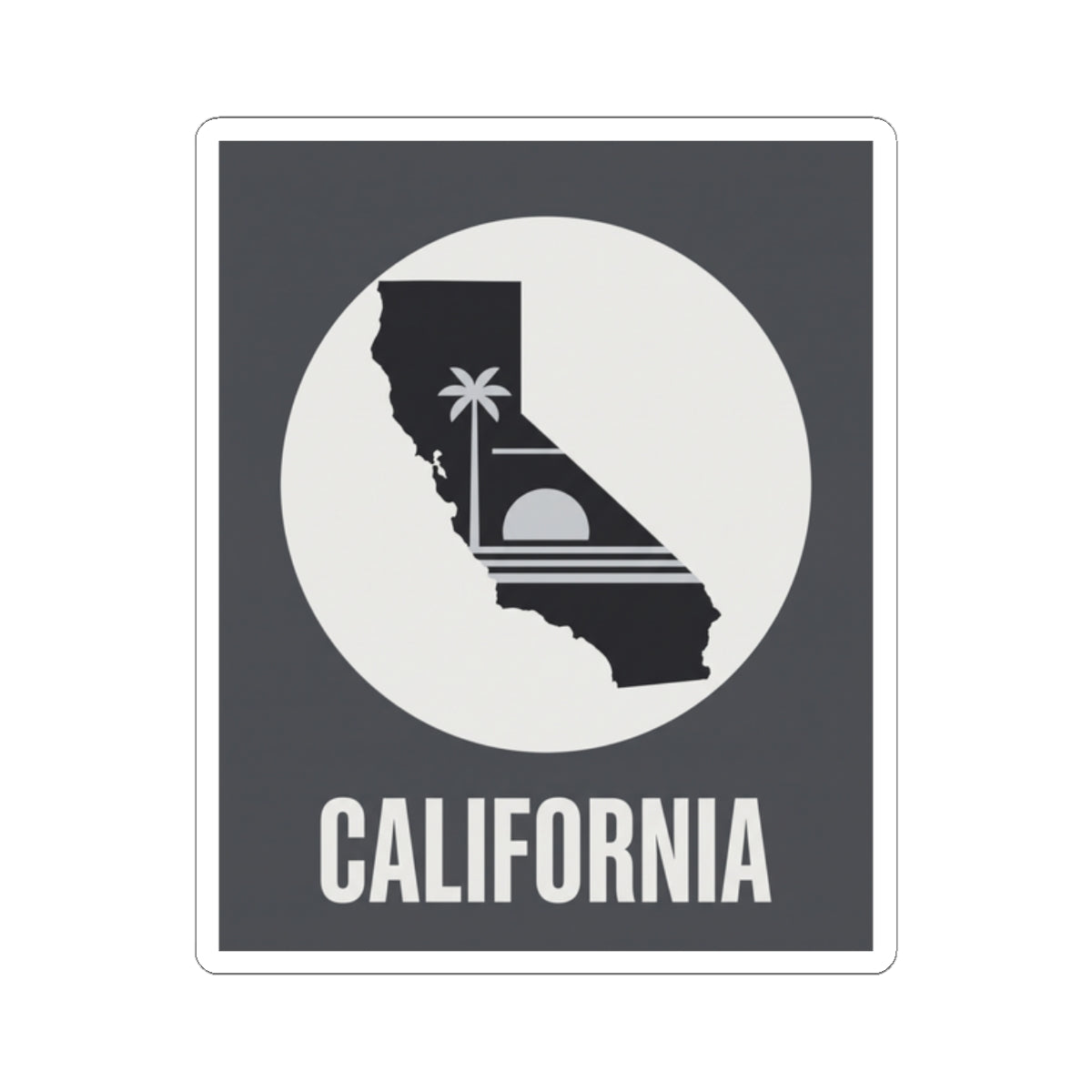 California state silhouette sticker with palm tree symbol in the state map and CALIFORNIA text