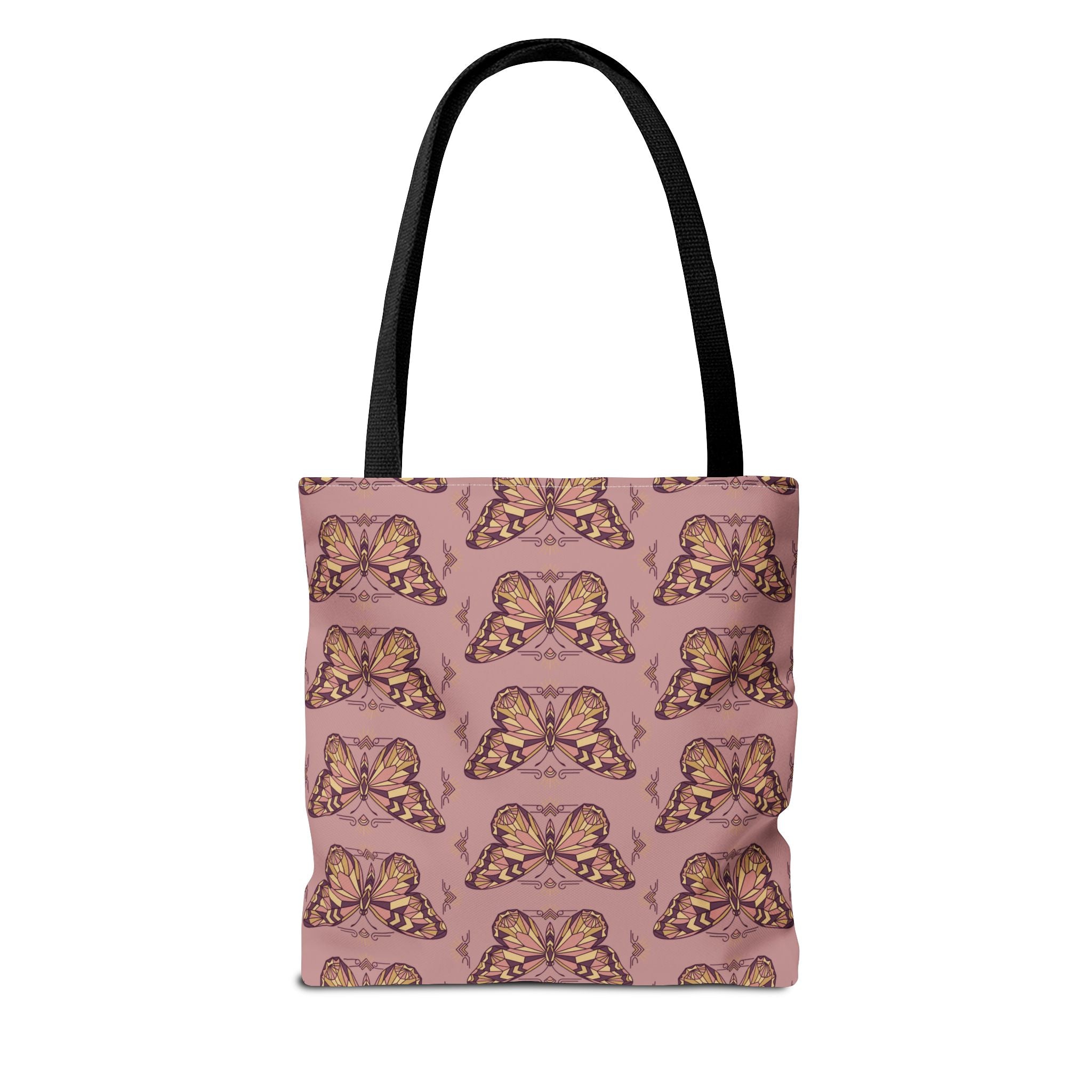 Pink tote bag with all-over vintage butterfly pattern and black top handles