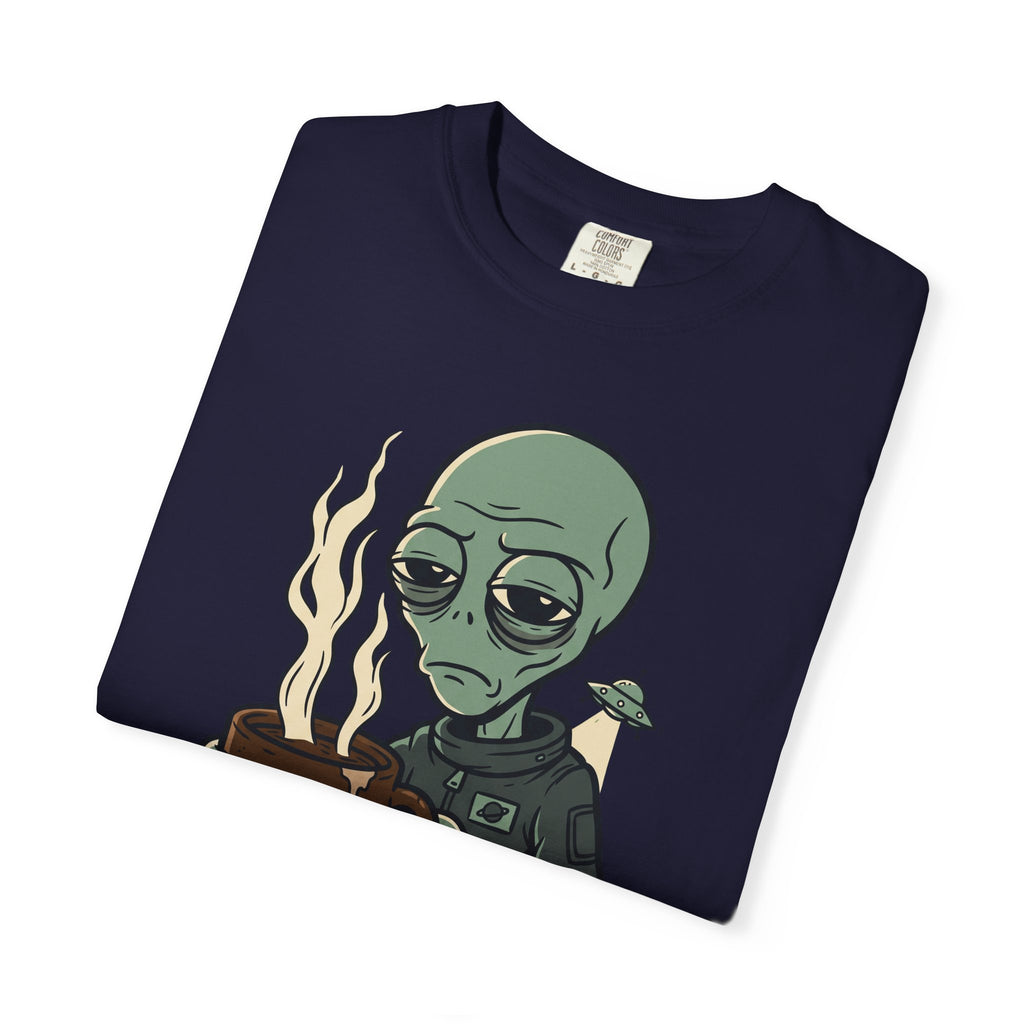Navy graphic alien coffee t-shirt with alien and flame coffee cup print