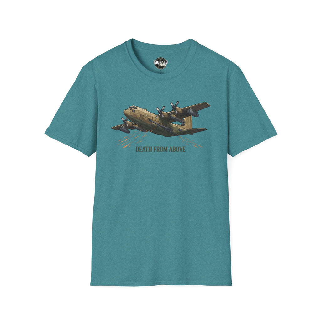 Teal C-130 cargo plane graphic T-shirt with “DEATH FROM ABOVE”