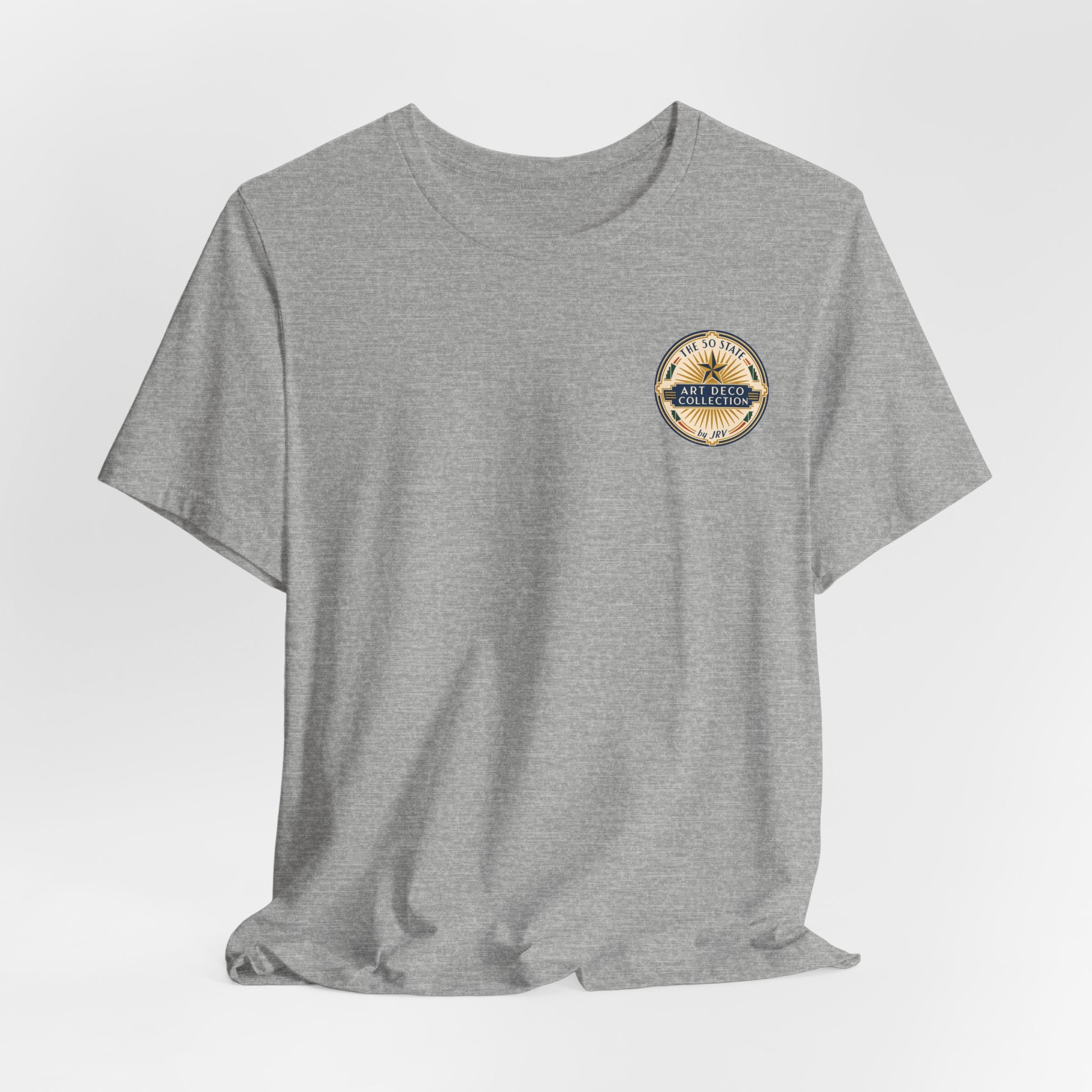 Heather gray Michigan art deco graphic t-shirt with circular logo at chest