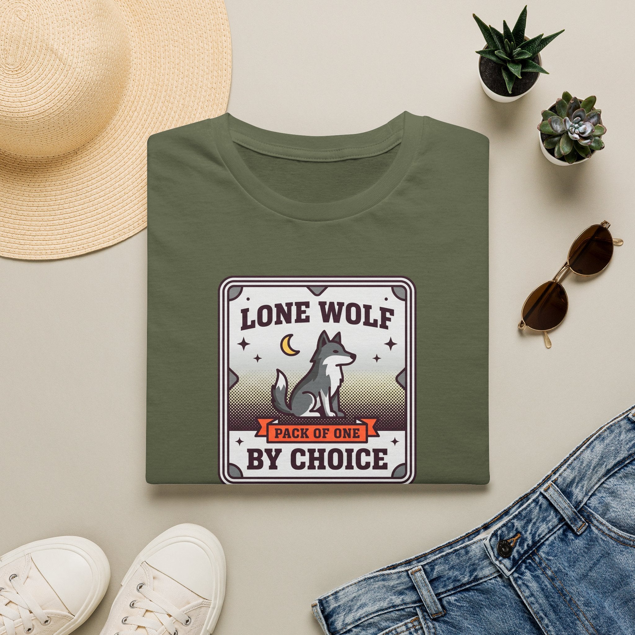 Funny Wolf T-Shirt | Lone Wolf By Choice Pack of One Moon Badge Graphic Tee | Wolf Lover Gift