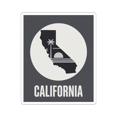 California state silhouette sticker with palm tree icon and CALIFORNIA text, white circle
