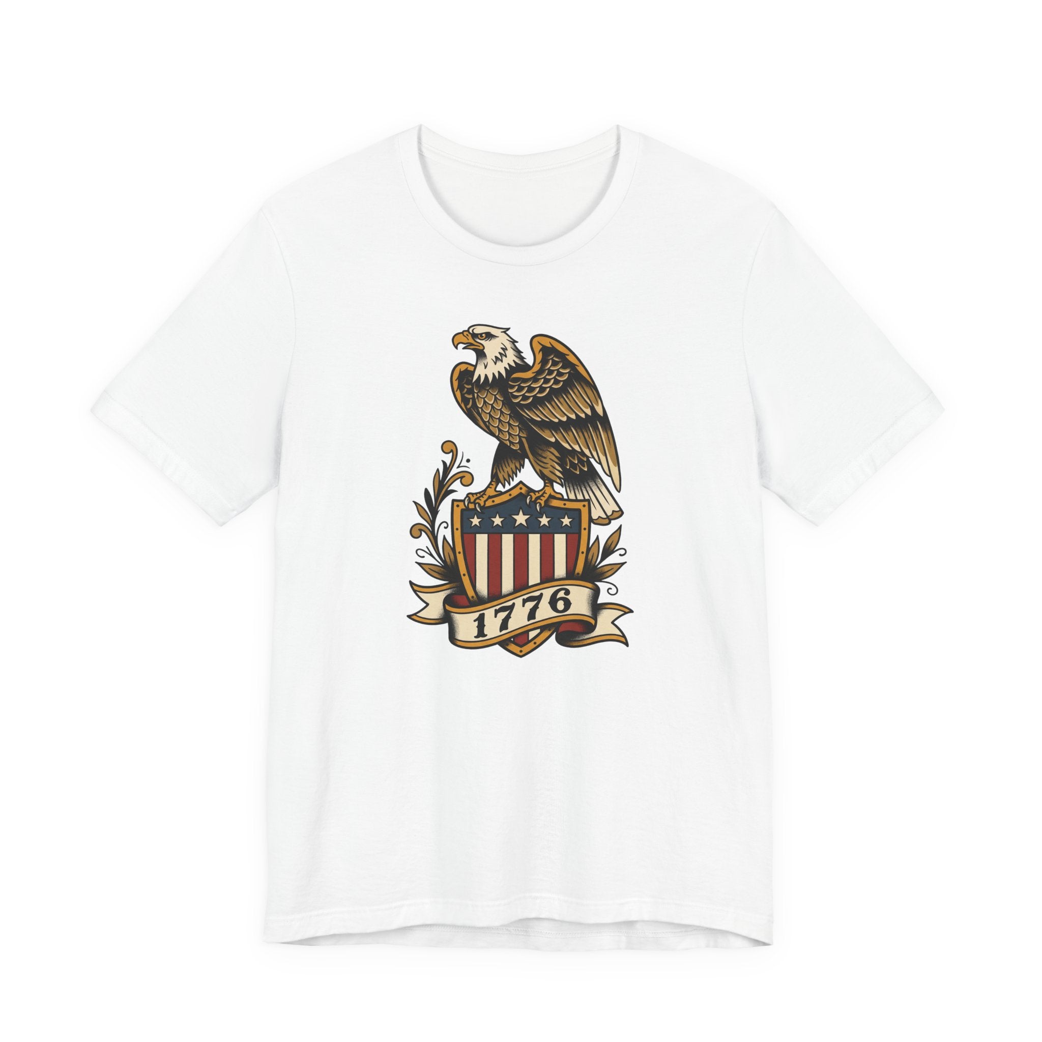 White t-shirt with large eagle shield graphic and banner reading 1776