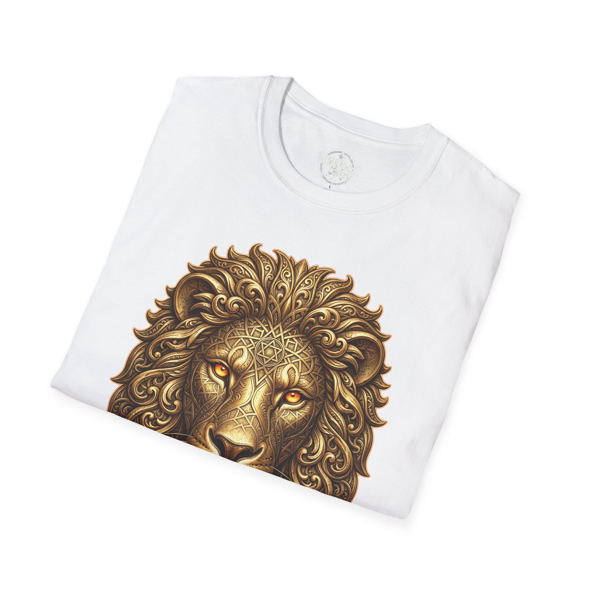 White t-shirt folded with ornate gold lion head graphic showing face and mane