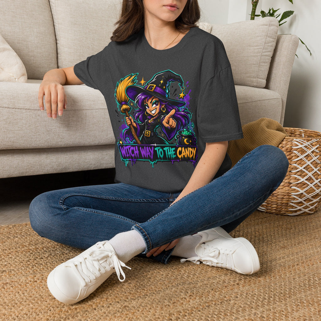 Witch Way To The Candy T-Shirt | Funny Halloween Witch Graphic Tee | Spooky Season Gift | Trick or Treat Shirt