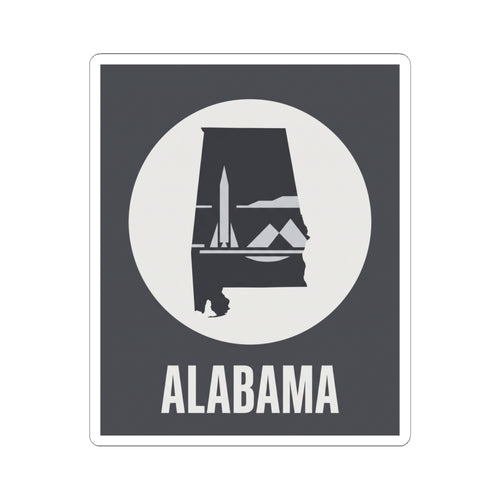 Alabama monument outline decal sticker in square frame with white circle and “ALABAMA” text