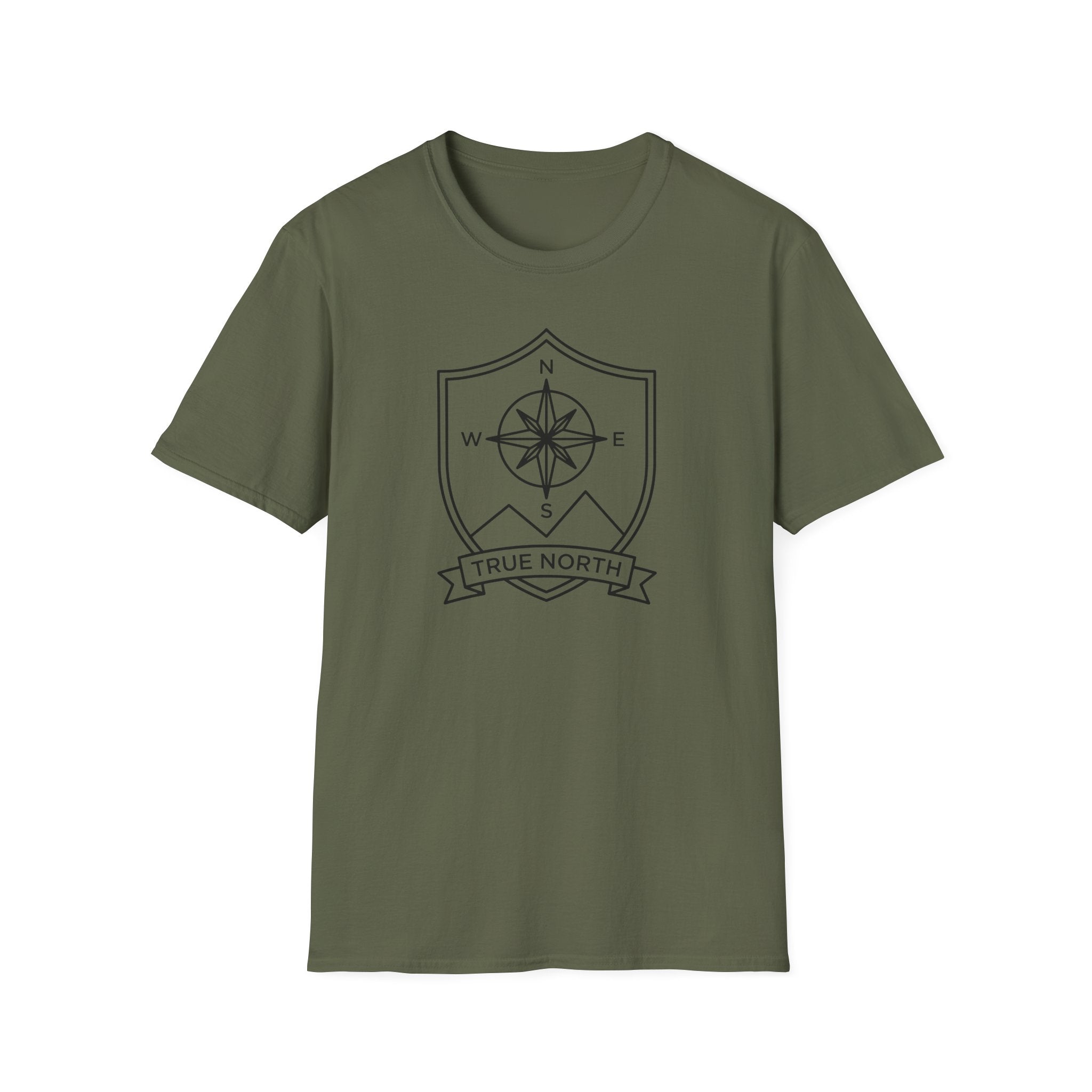 Military green compass shield T-shirt with compass rose emblem and True North ribbon