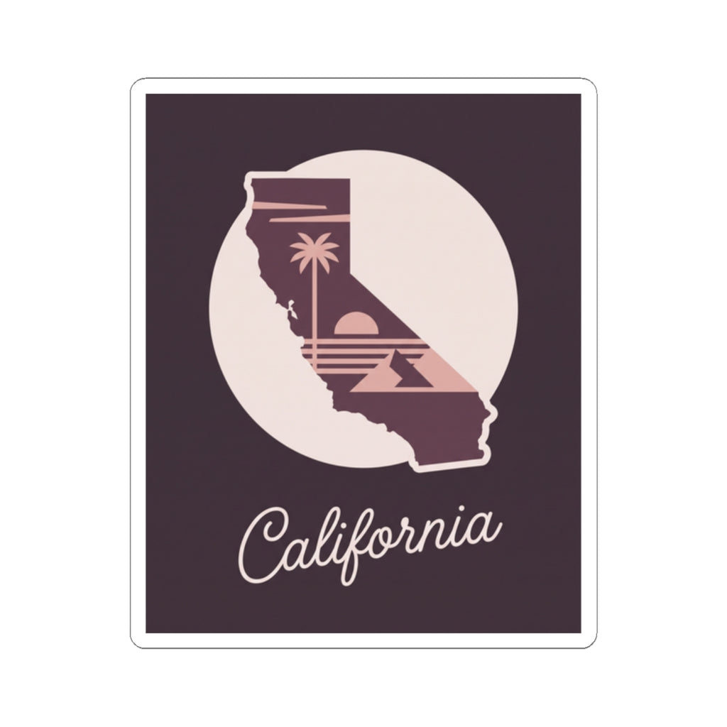 California silhouette vinyl sticker with “California” script and mauve interior design on dark background