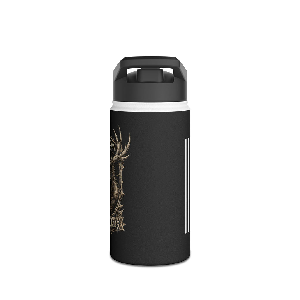 Stainless steel tumbler, black with gold antler motif and vertical white stripe