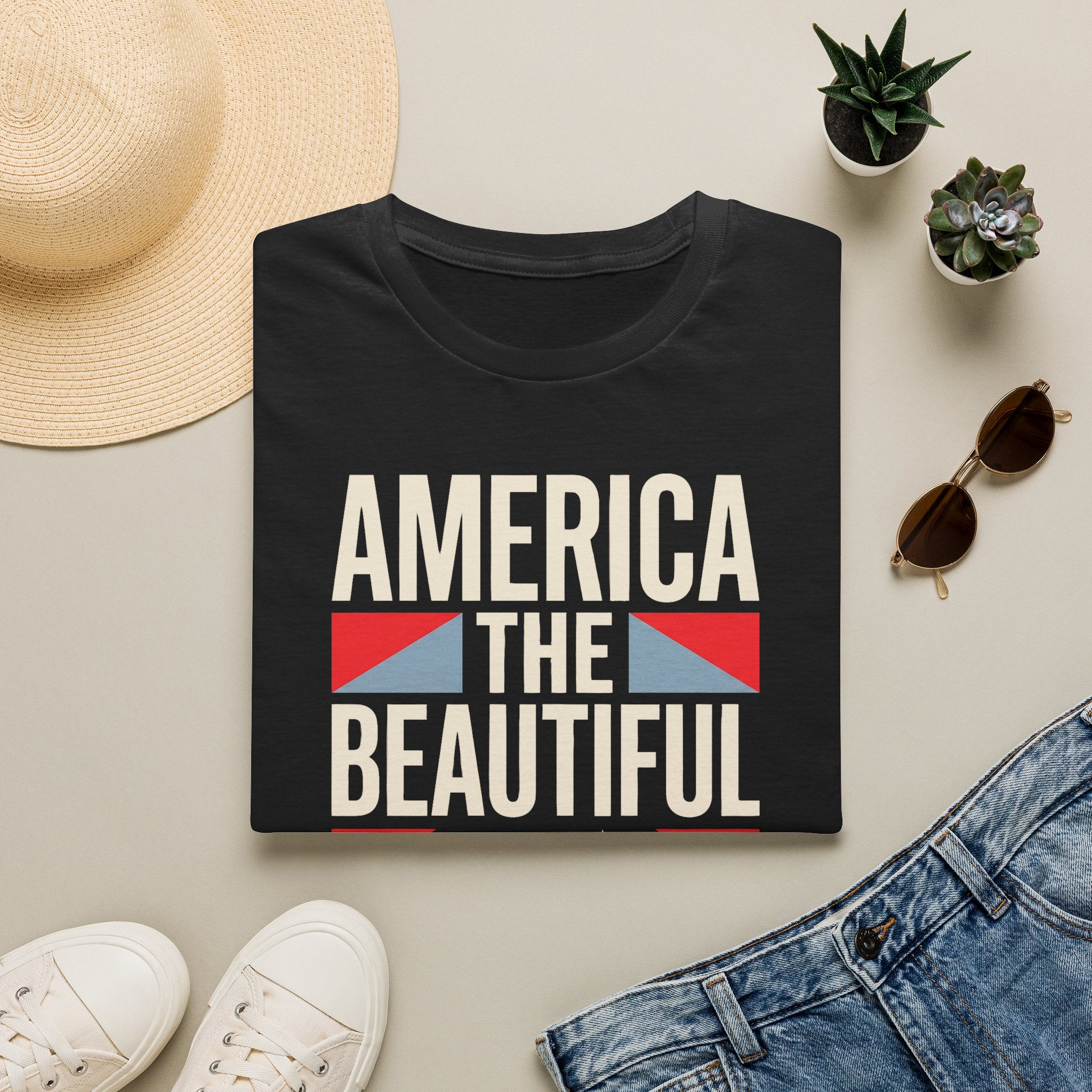 Navy dark T-shirt with 'AMERICA THE BEAUTIFUL' patriotic flag graphic