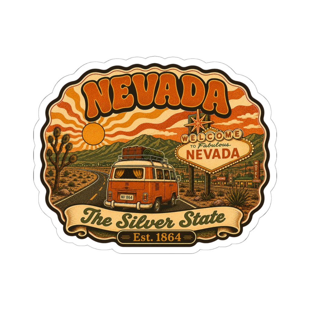 Nevada kiss-cut sticker showing retro van in desert with "The Silver State" banner
