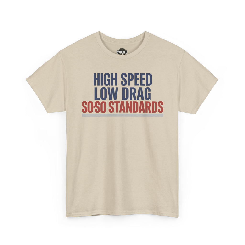 Sand crew-neck T-shirt with bold multicolor slogan print on the front.