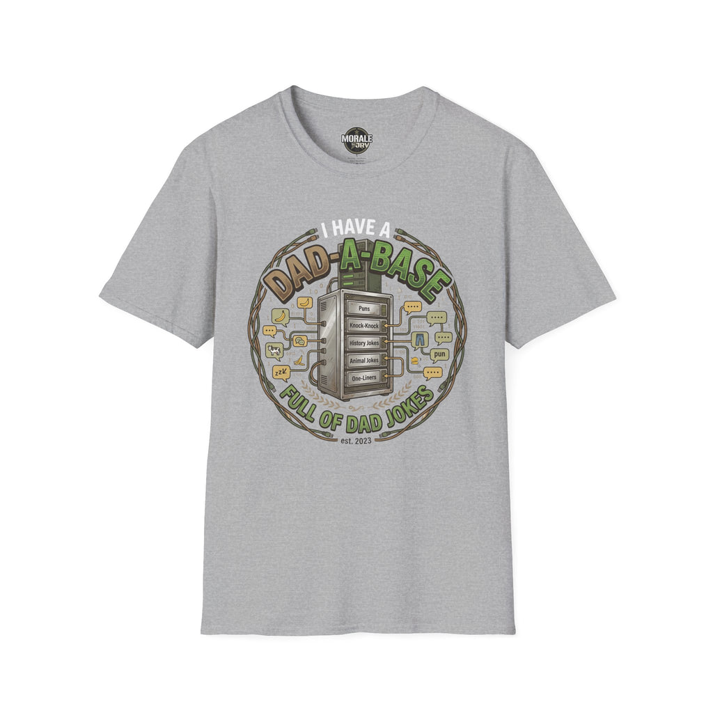 Sport Grey T-shirt with “Dad-A-Base” dad jokes circular graphic on front