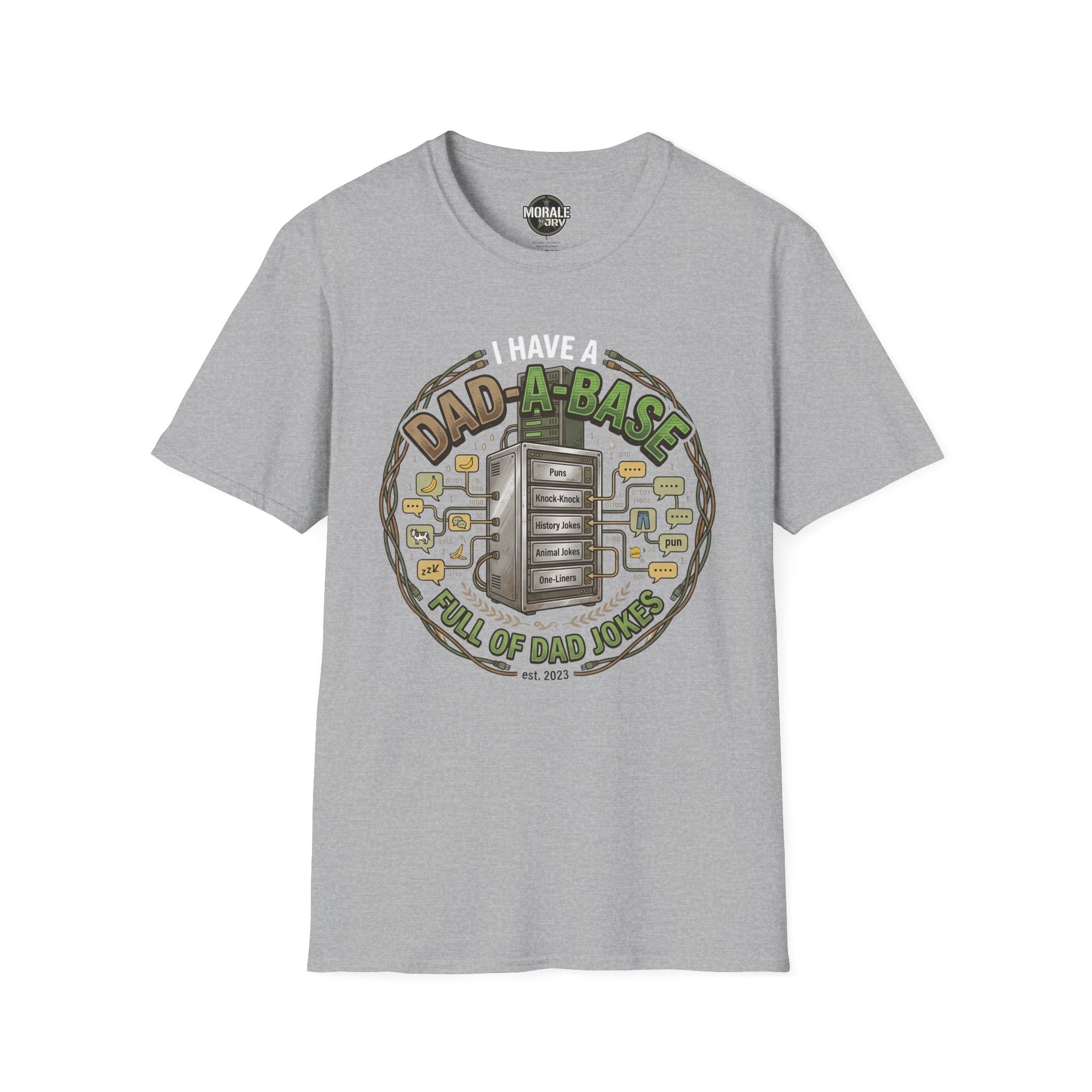 Sport Grey T-shirt with “Dad-A-Base” dad jokes circular graphic on front