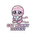 Baby mummy holding heart kiss-cut sticker, pink hood, “GOT MUMMY ISSUES?” text