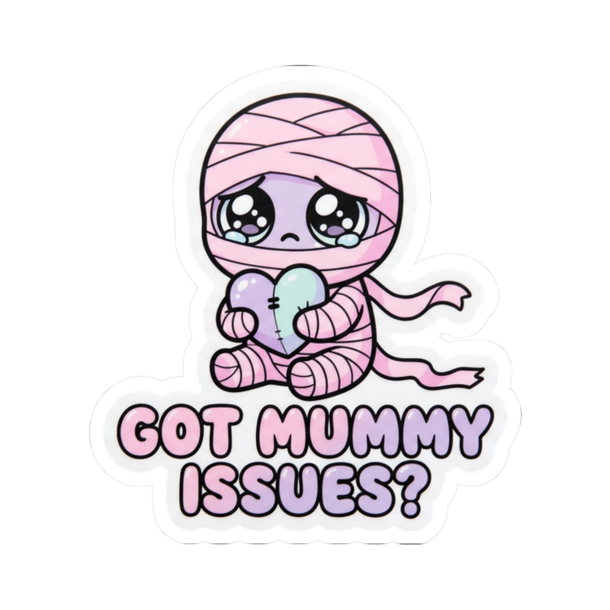Baby mummy holding heart kiss-cut sticker, pink hood, “GOT MUMMY ISSUES?” text