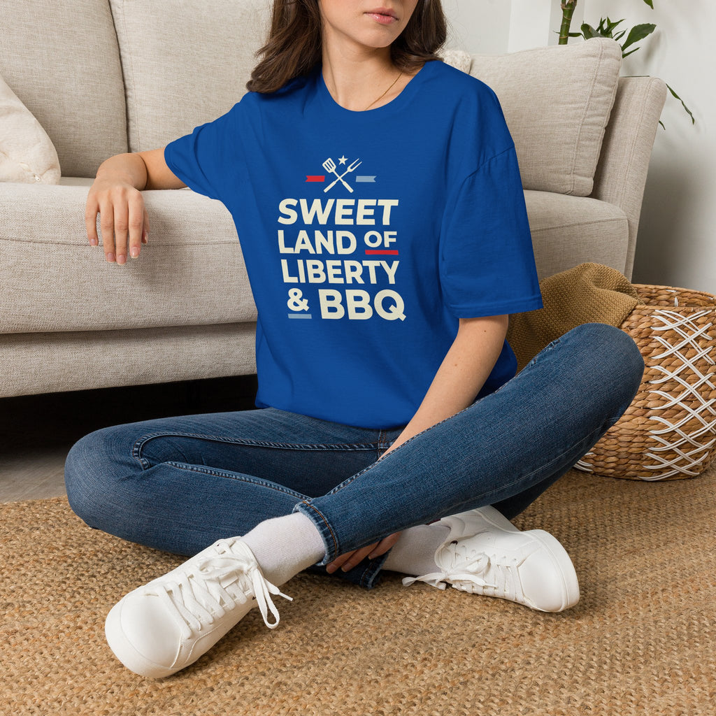 Royal blue crew-neck T-shirt with 'Sweet Land of Liberty & BBQ' graphic