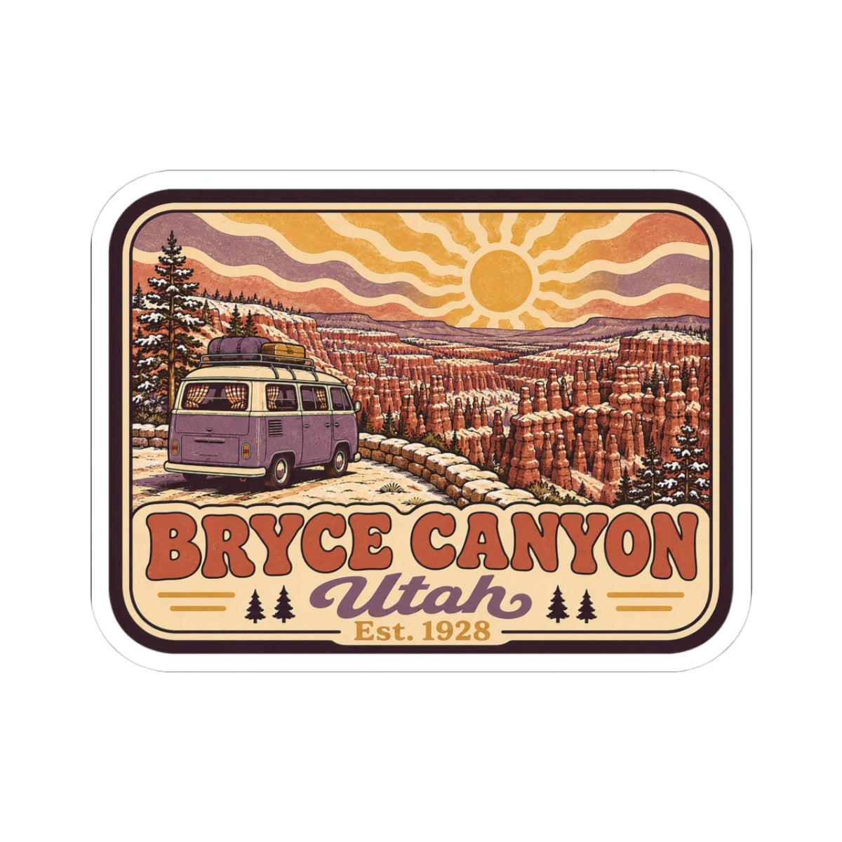Kiss-cut Bryce Canyon Utah sticker with vintage camper van and hoodoo sunset scene
