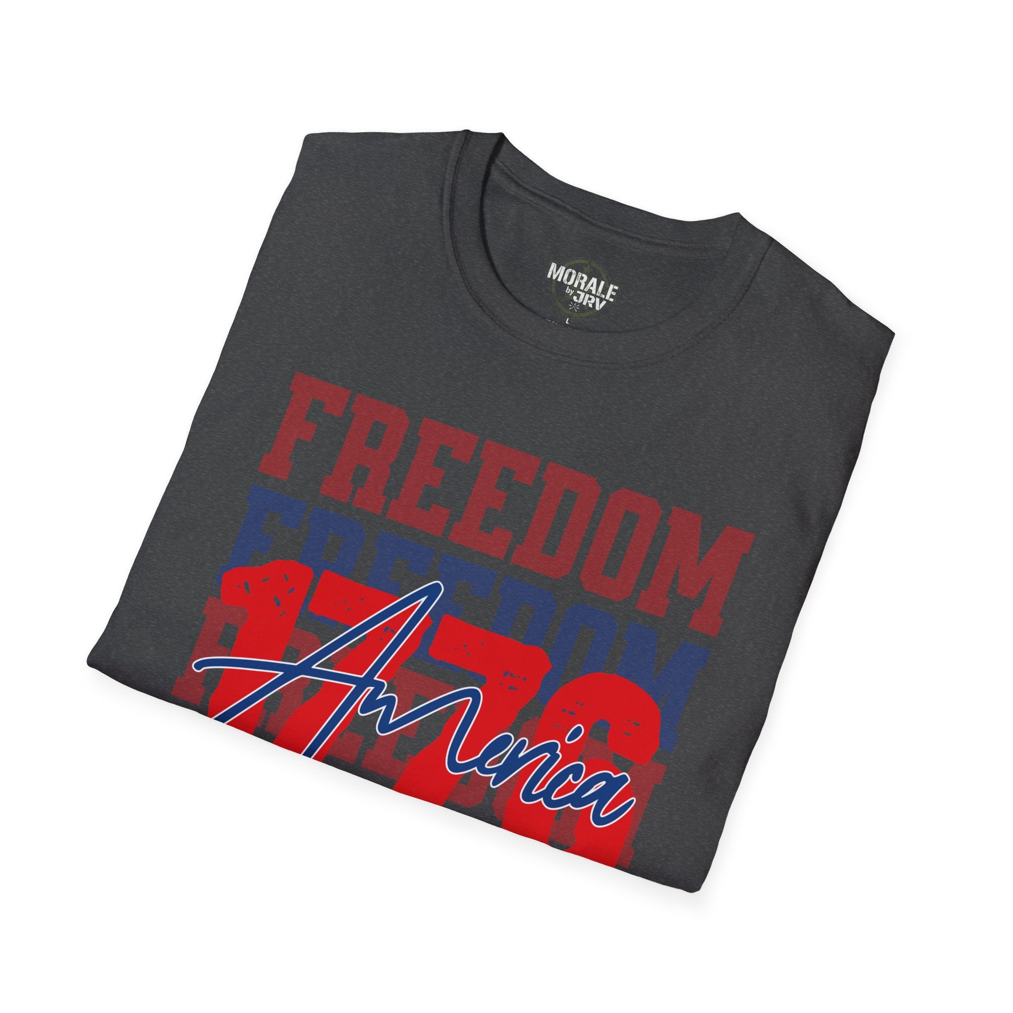 Charcoal tee with large 'FREEDOM' text, blue/red blocks, and cursive 'America' graphic