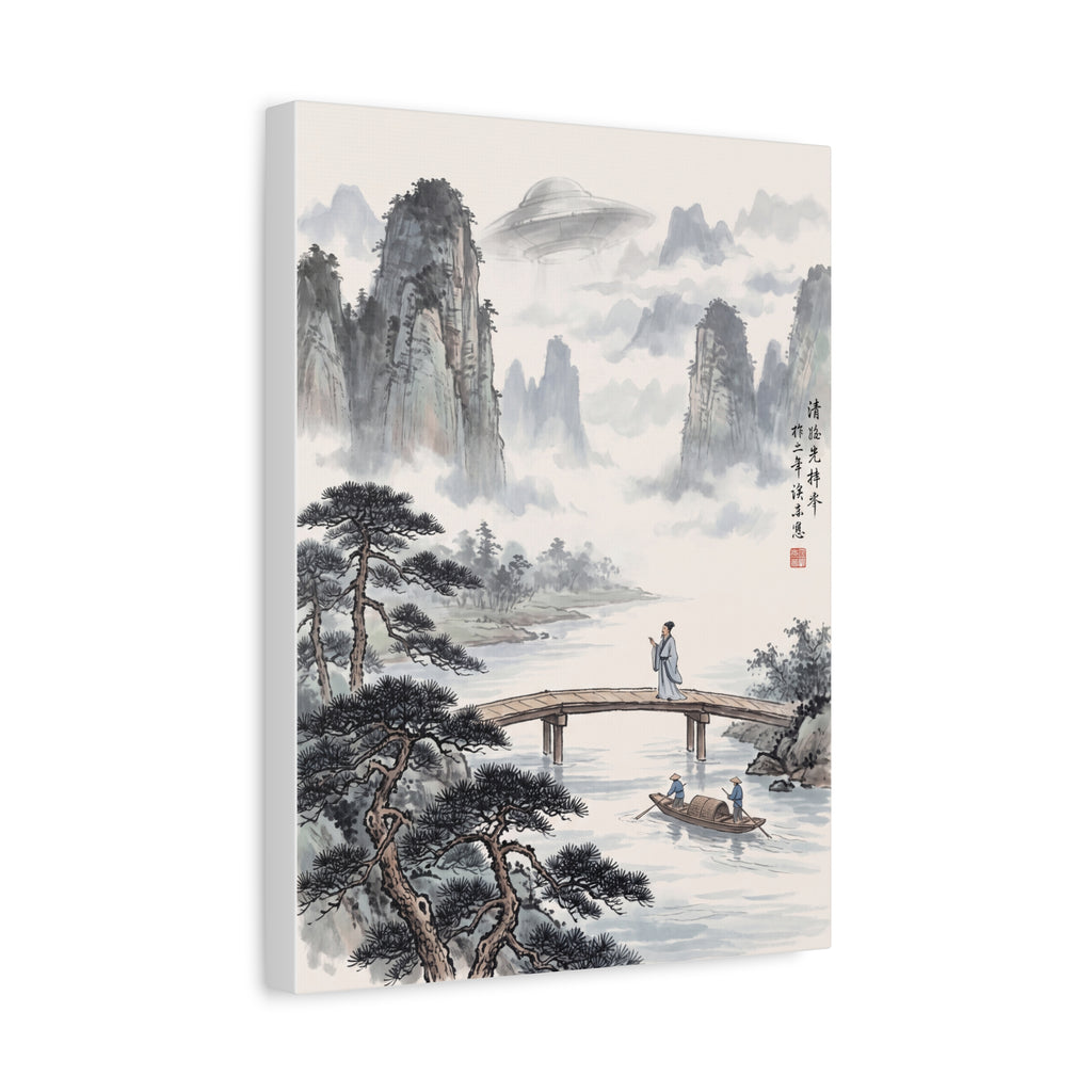 3/4 view framed landscape wall art print with misty mountains, river, and boats
