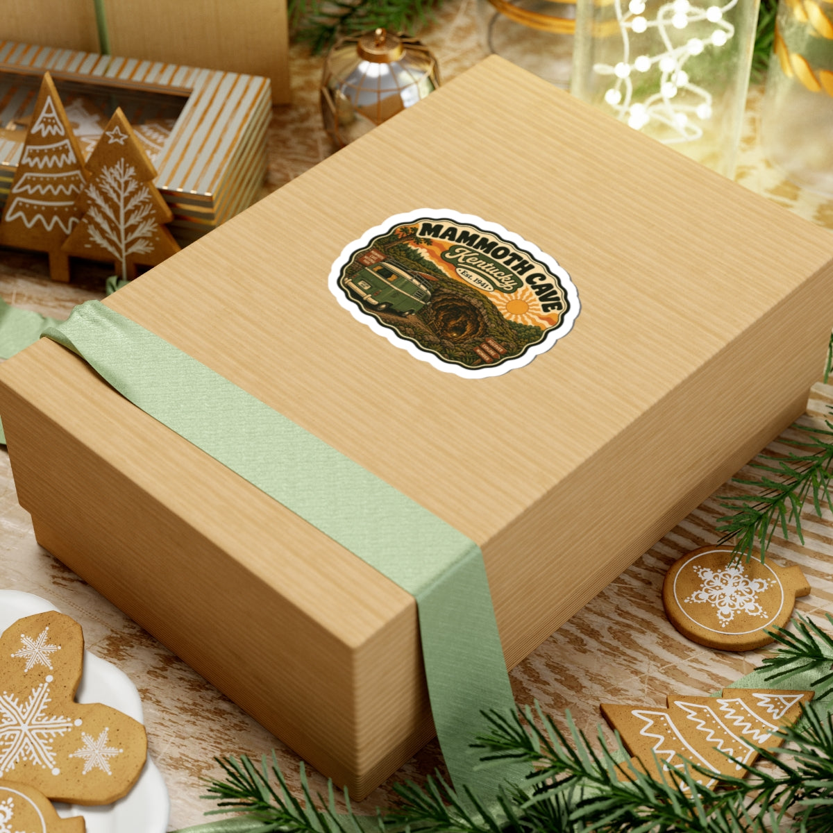 Die-cut Mammoth Cave Kentucky sticker featuring a green camper van, cave tunnel, and text