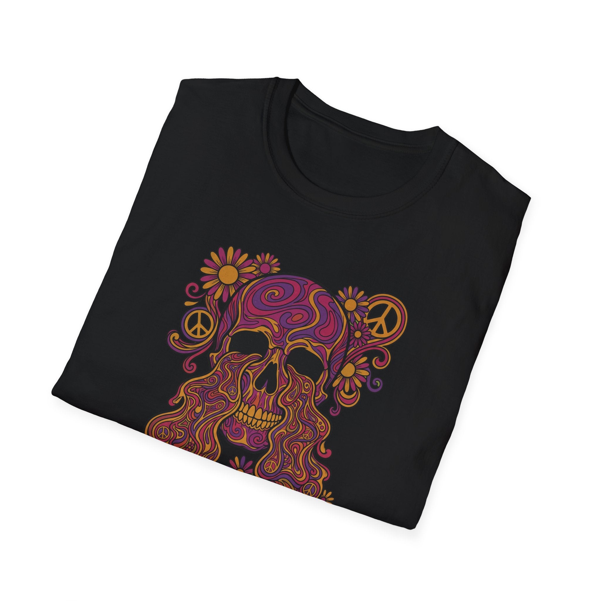 Schwarzes T‑Shirt mit psychedelischem Blumenschädel-Print und Peace-Symbolen