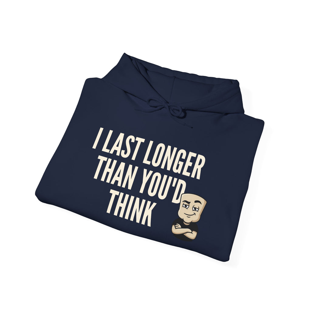 I Last Longer Than You'd Think Hoodie | Funny Adult Humor Beard Guy Graphic Sweatshirt Gift
