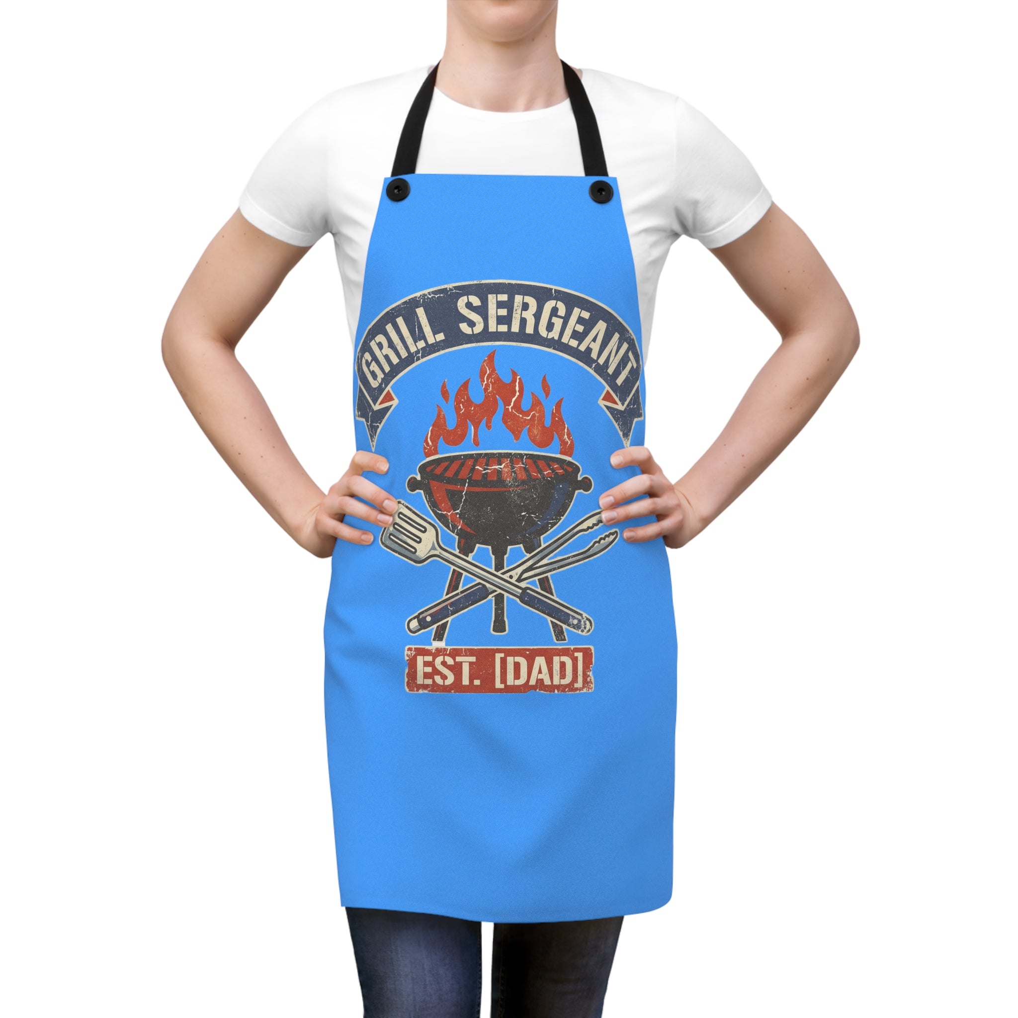 Grill Sarge Apron for Dad | Funny BBQ Grilling Apron | Retro Badge Cooking Apron | Fathers Day Gift | Adjustable Blue Apron