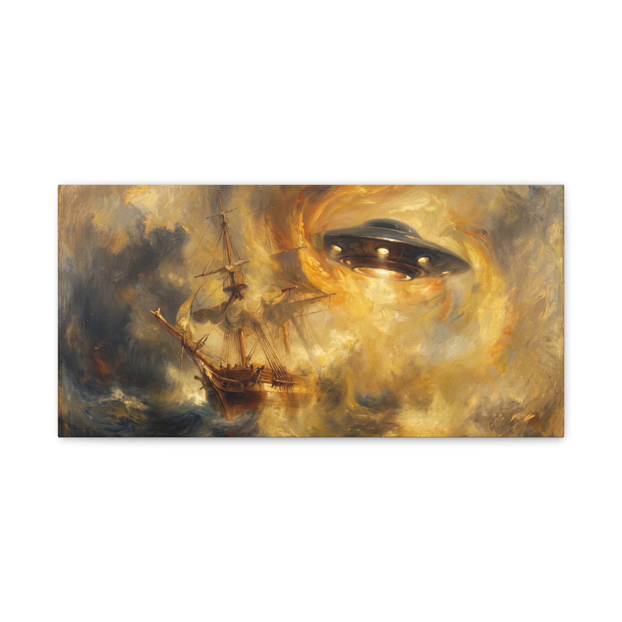 Glowing UFO eye over stormy sailboat on golden-gray canvas, centered