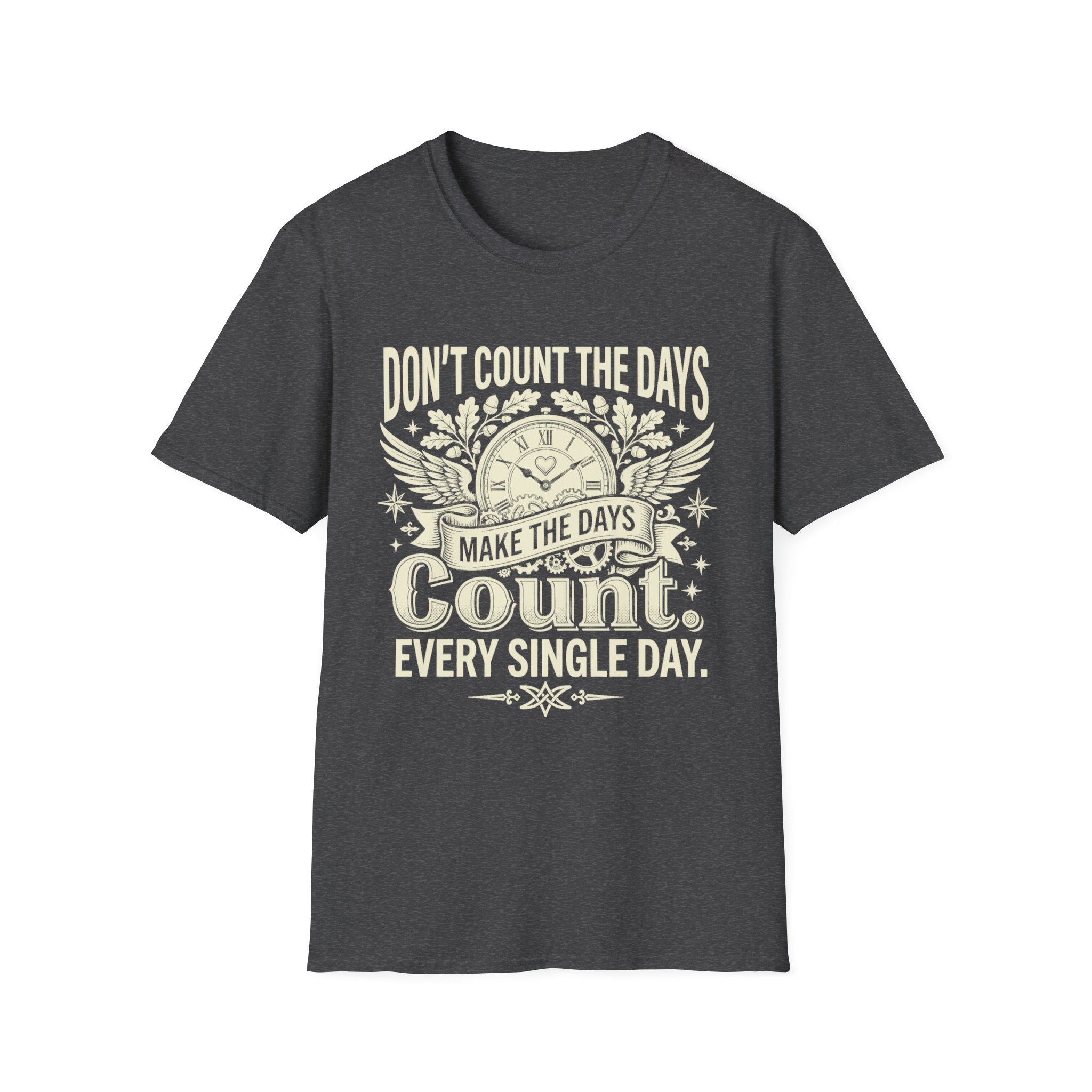 Dark heather graphic quote T-shirt with clock, wings, and quote: “Every single day.”