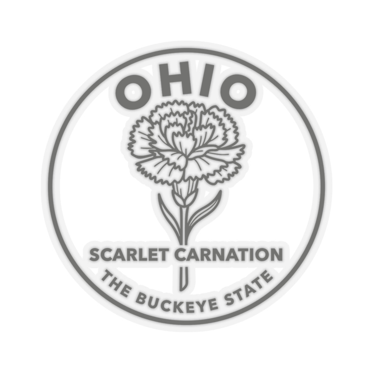 Round Ohio scarlet carnation sticker with circular 'OHIO' and 'BUCKEYE STATE' text